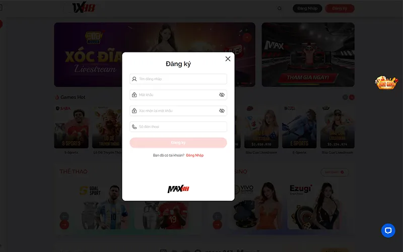 Giao diện đăng ký đăng nhập Max88 trên nền tảng máy tính