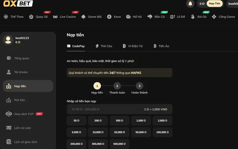 Hướng dẫn nạp/rút tiền Oxbet siêu tốc cho chiếu mới