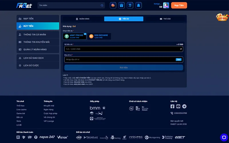 Hướng dẫn nạp rút tiền Fabet qua tiền ảo