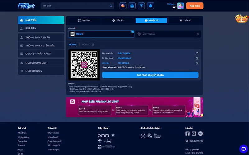 Cách nạp tiền Fabet qua ví điện tử Momo