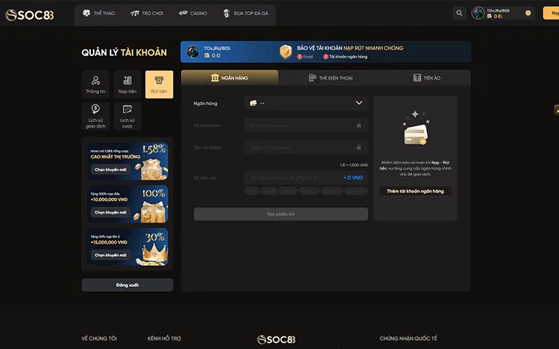 Giao diện rút tiền Soc88