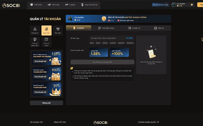Giao diện nạp rút tiền Soc88