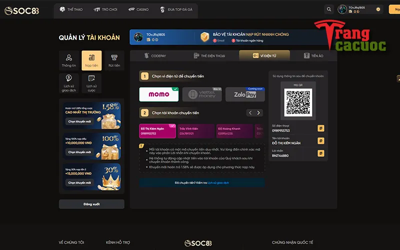 Nạp rút tiền Soc88 an toàn và tiện lợi